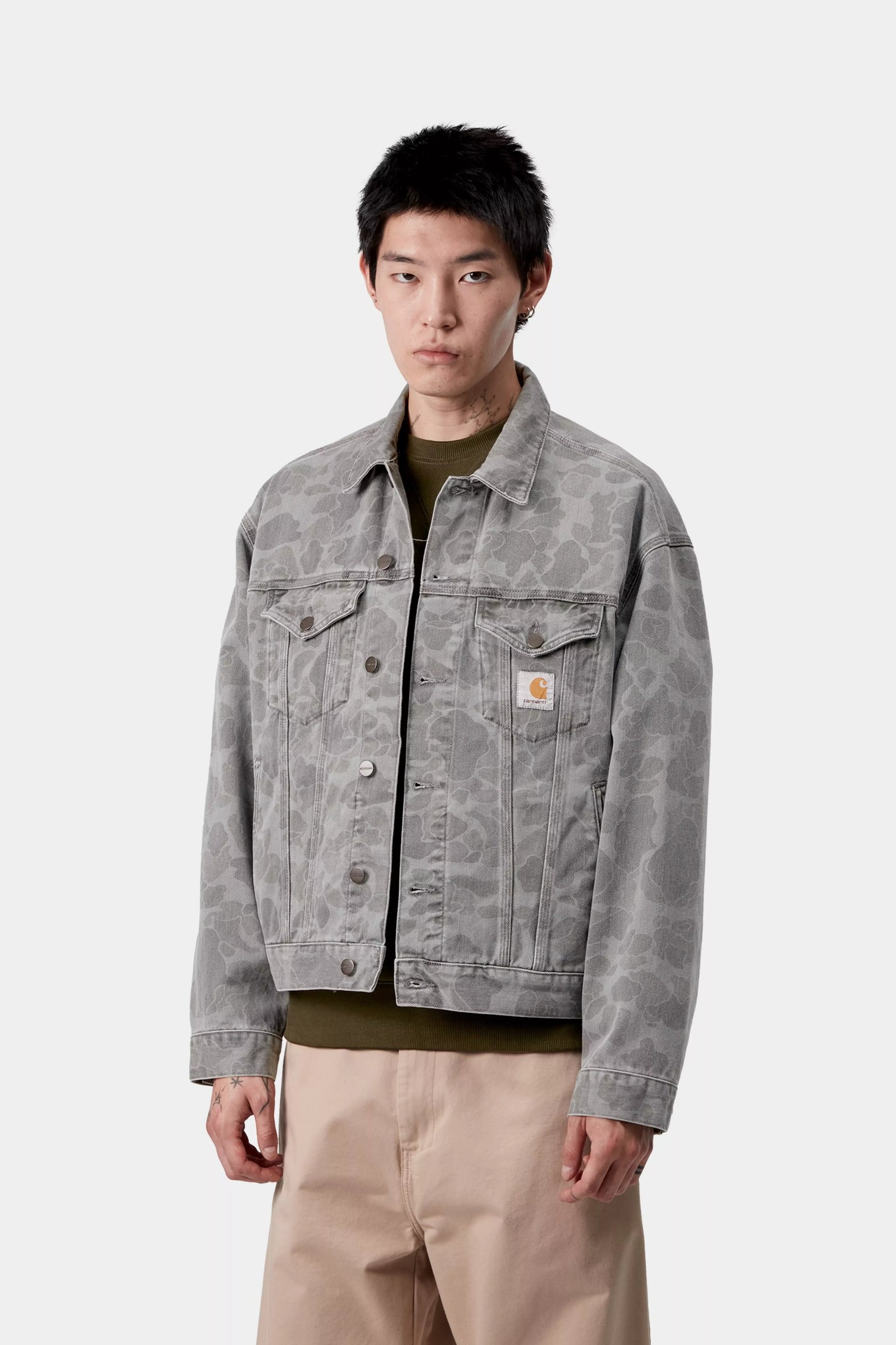 CARHARTT WIP Duck Helston Jacket - Camo Duck, Black, Heavy bleach wash