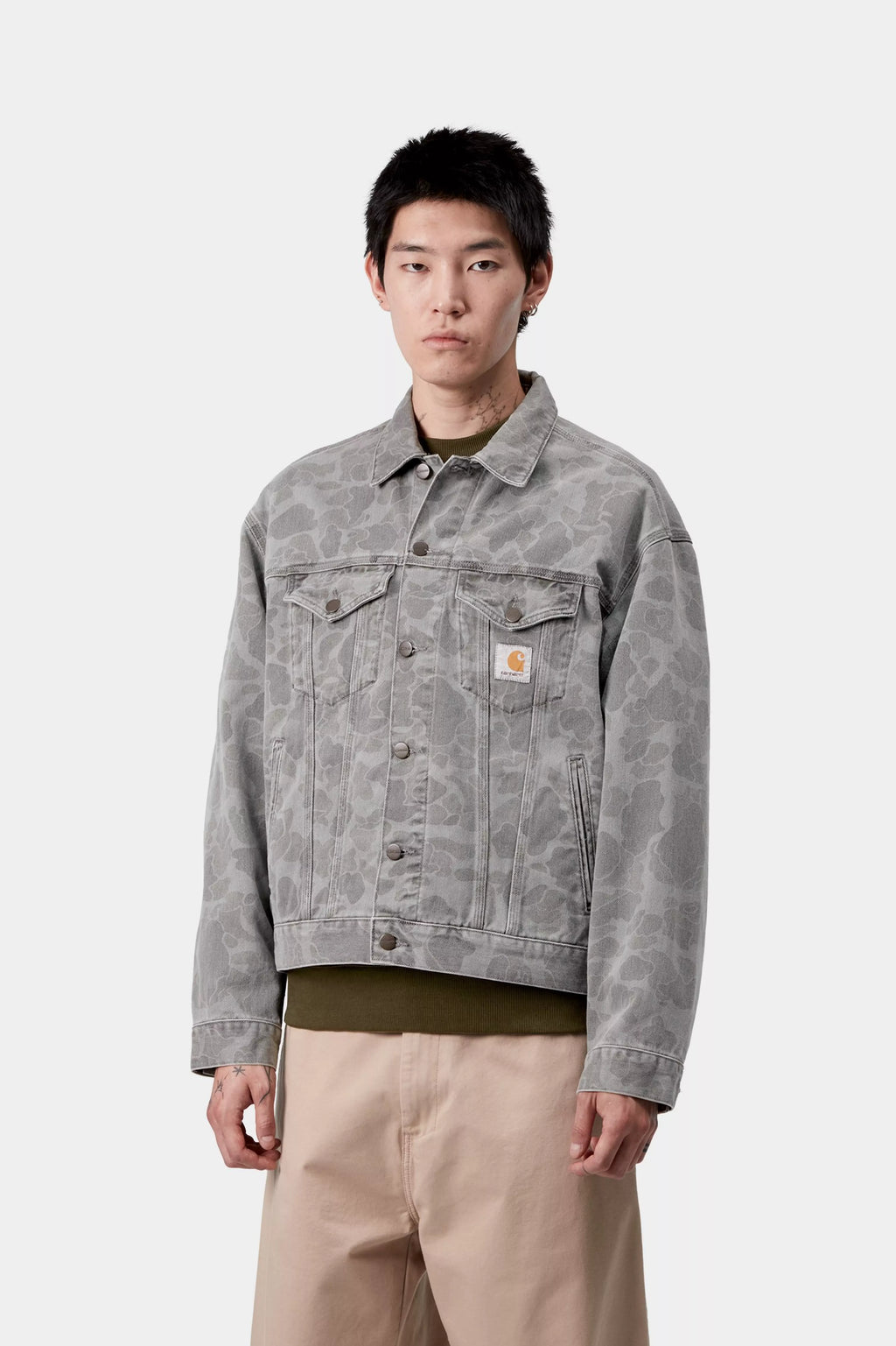 CARHARTT WIP Duck Helston Jacket - Camo Duck, Black, Heavy bleach wash